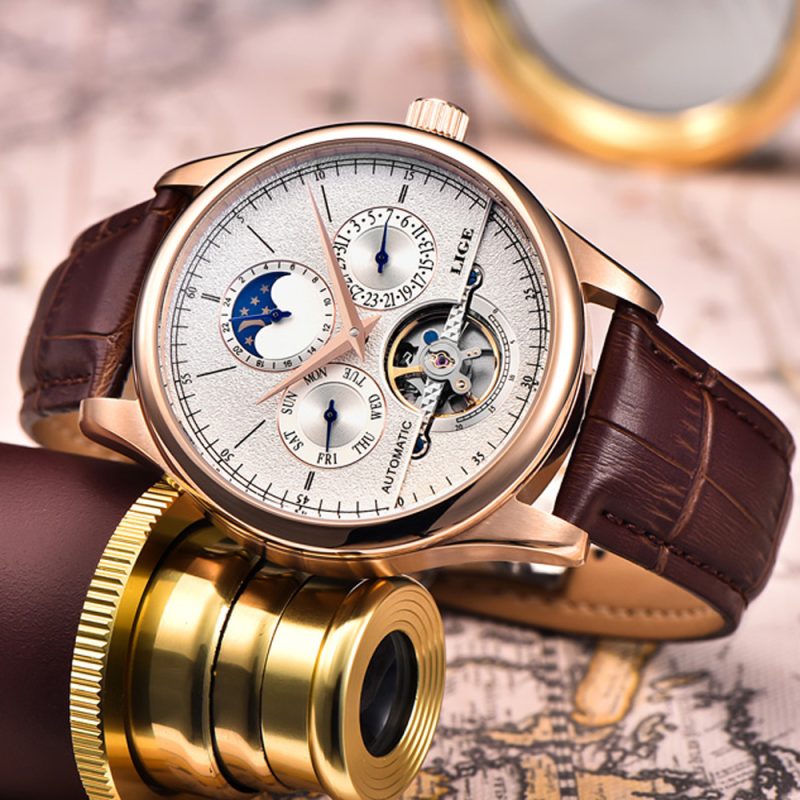 LIGE men automatic mechanical tourbillon watch