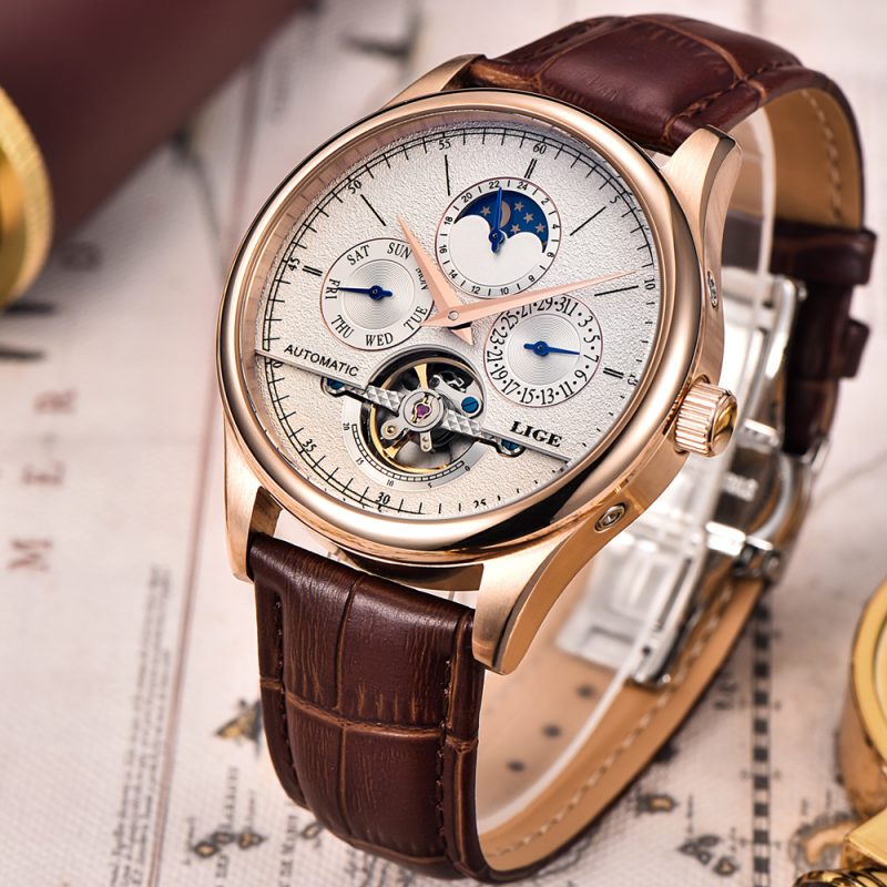 LIGE men automatic mechanical tourbillon watch