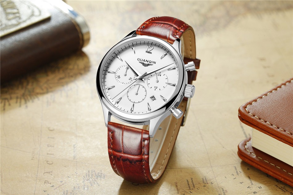 GUANQIN Men's Chronograph Leather Strap Quartz Watch 1424765807 1