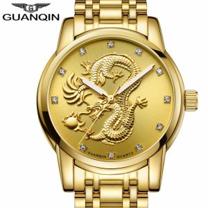 GUANQIN Men Gold Dragon Sculpture Quartz Watch