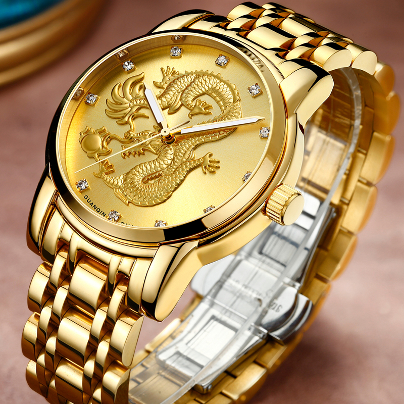 GUANQIN Men Gold Dragon Sculpture Quartz Watch