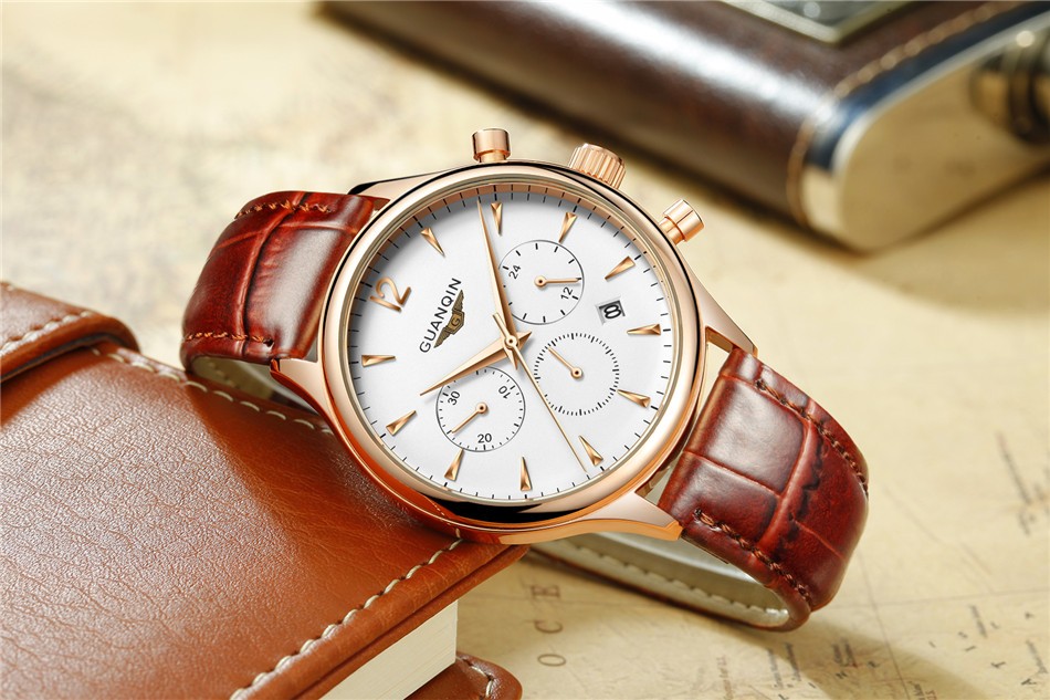 GUANQIN Men's Chronograph Leather Strap Quartz Watch 2008141493 1