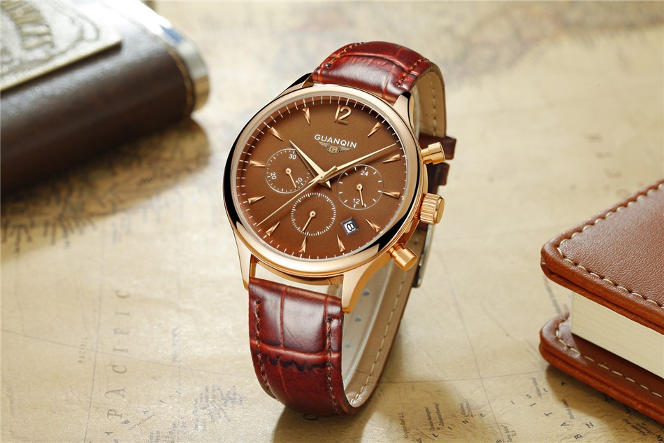 GUANQIN Men's Chronograph Leather Strap Quartz Watch 20197894 1