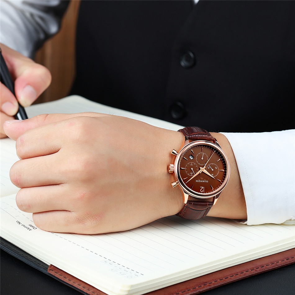 GUANQIN Men's Chronograph Leather Strap Quartz Watch 77709786 1