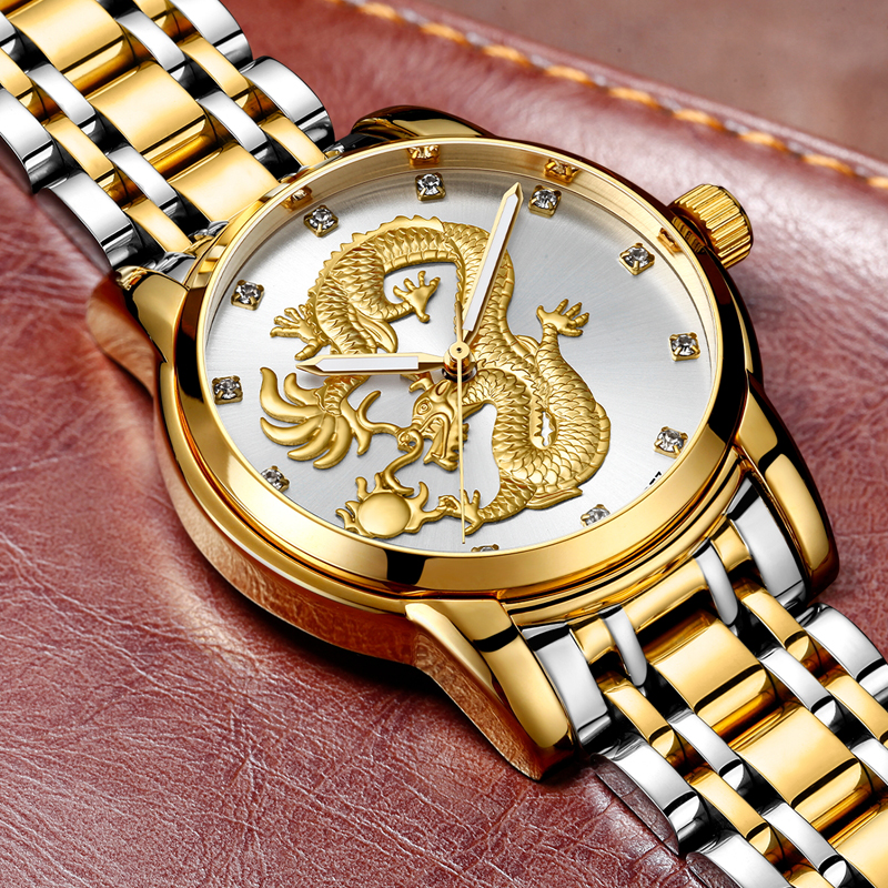 GUANQIN Men Gold Dragon Sculpture Quartz Watch